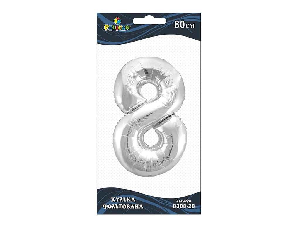 Кулька повітр. фольгована "Цифра-8" 80см срібло №830828/Pelican/(1)(5)(10)(20) — купити | Канцелярський Сад