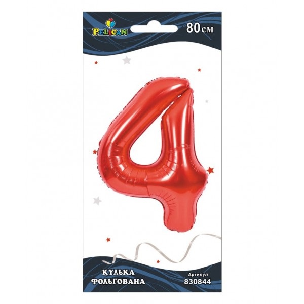 Кулька повітр. фольгована "Цифра-4" 80см червона №830844/Pelican/(1)(5)(10) — купити | Канцелярський Сад