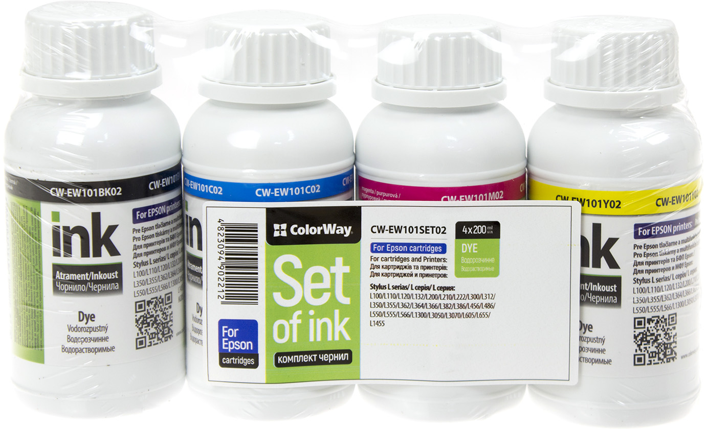 Чорнило к-кт ColorWay Epson L-100/200 series 4х200мл black,cyan,magenta,yellow (15) — купити | Канцелярський Сад
