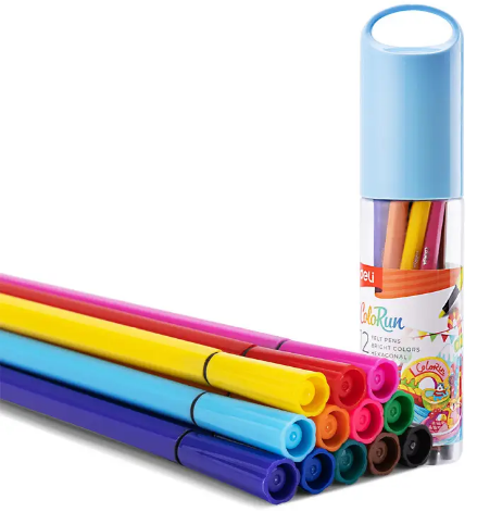 Фломастери "Deli" 12кольор. Color Run 1мм,в тубусі №EC156-12(36) — фото товару | Канцелярський Сад