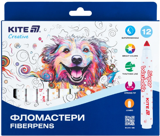 Фломастери "Kite" 12кольор. Creative Superwashable Jumbo №K-1155(12)(48) — купити | Канцелярський Сад