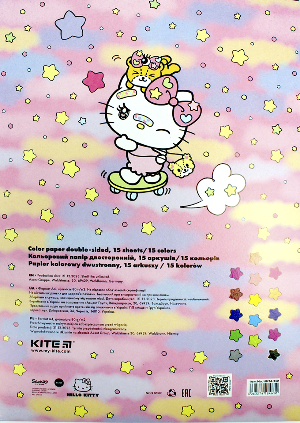 Папір кольор. А4 двостор. 15арк./ 15кольор. Hello Kitty №HK24-250/Kite/(50) — фото 5