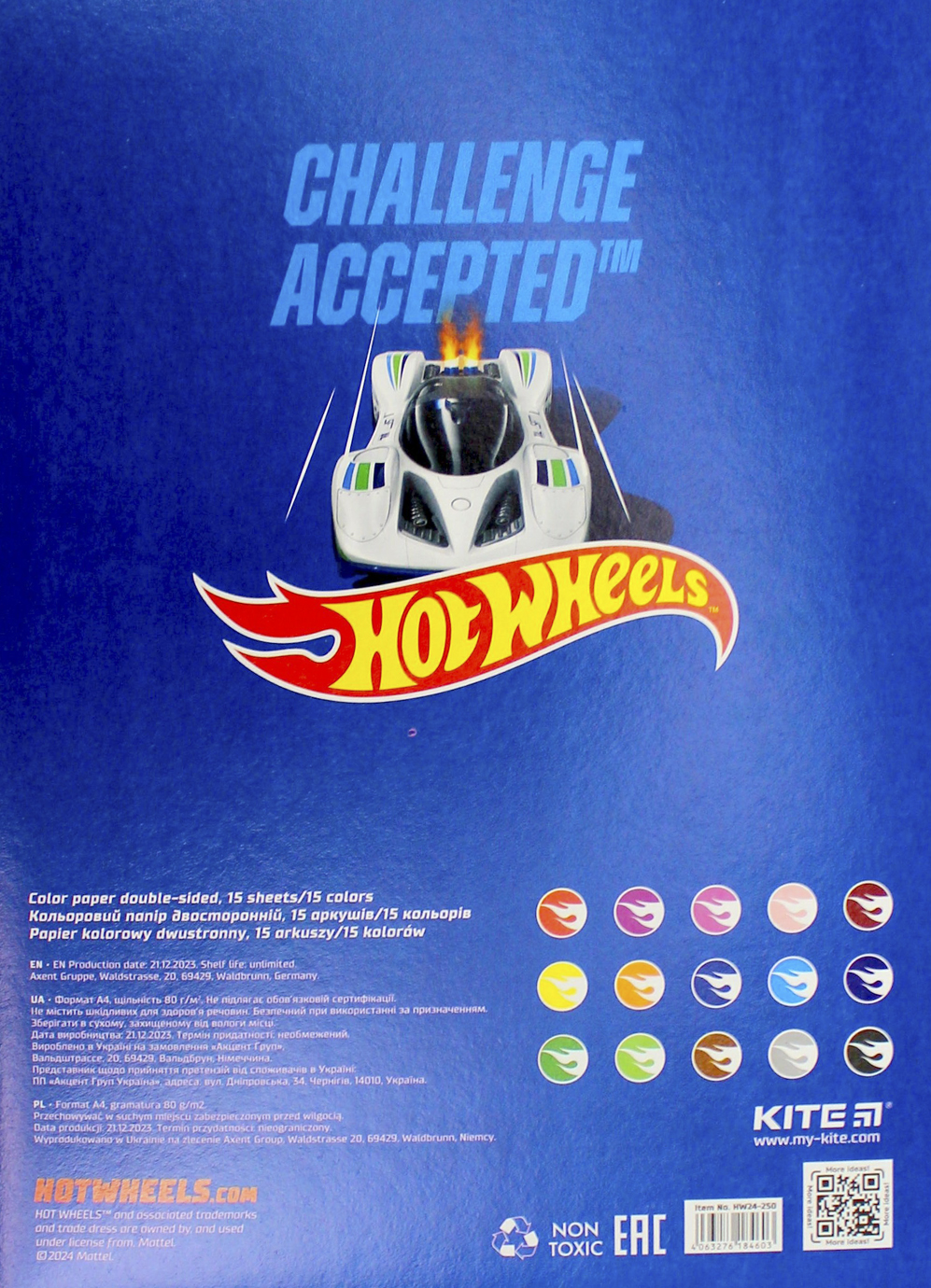 Папір кольор. А4 двостор. 15арк./ 15кольор. Hot Wheels №HW24-250/Kite/(50) — фото 5
