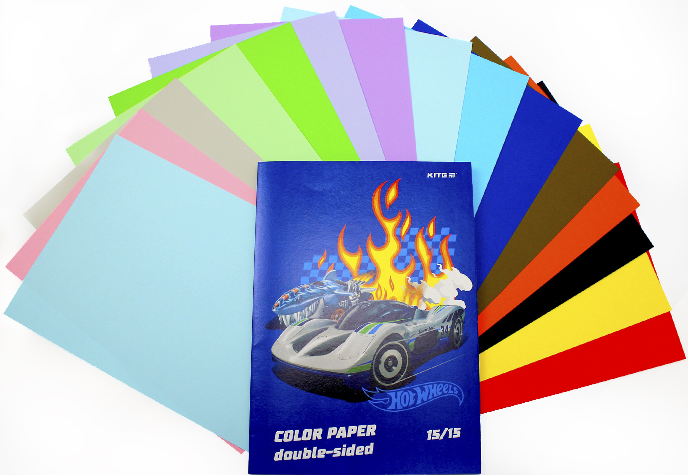 Папір кольор. А4 двостор. 15арк./ 15кольор. Hot Wheels №HW24-250/Kite/(50) — фото товару | Канцелярський Сад
