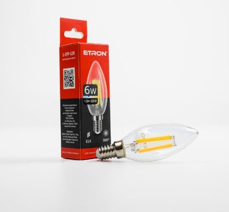 Лампа "Etron Filament Power" прозоре скло LED 1-EFP-126 C37 6Вт 4200K Е14(10) — фото товару | Канцелярський Сад