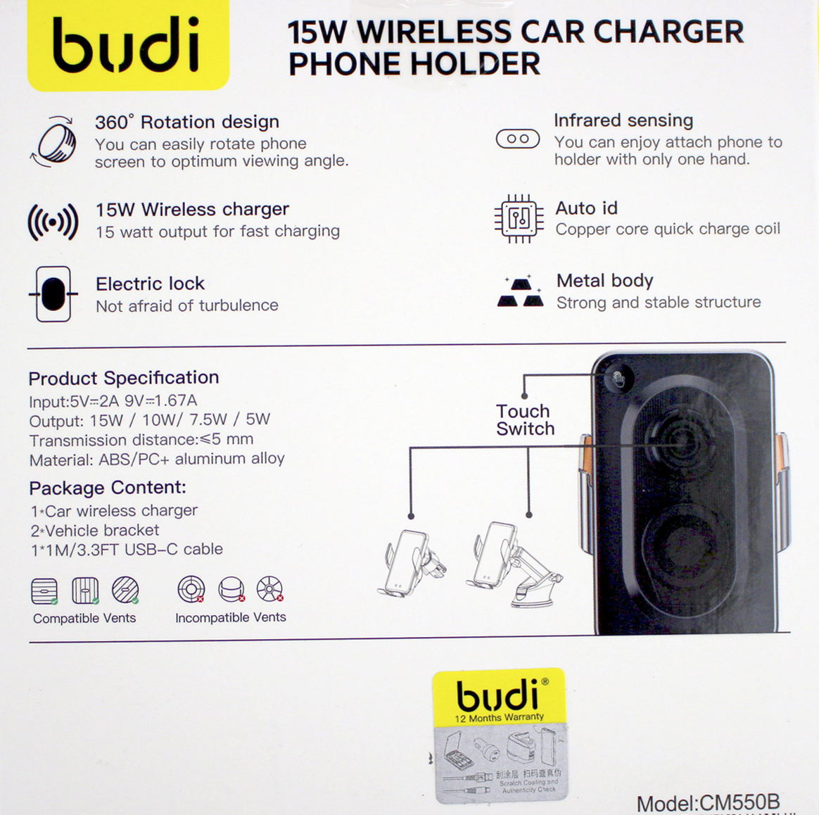 Автомобільний тримач для телефону Budi CM550B з безпровідною зарядкою black — фото 3