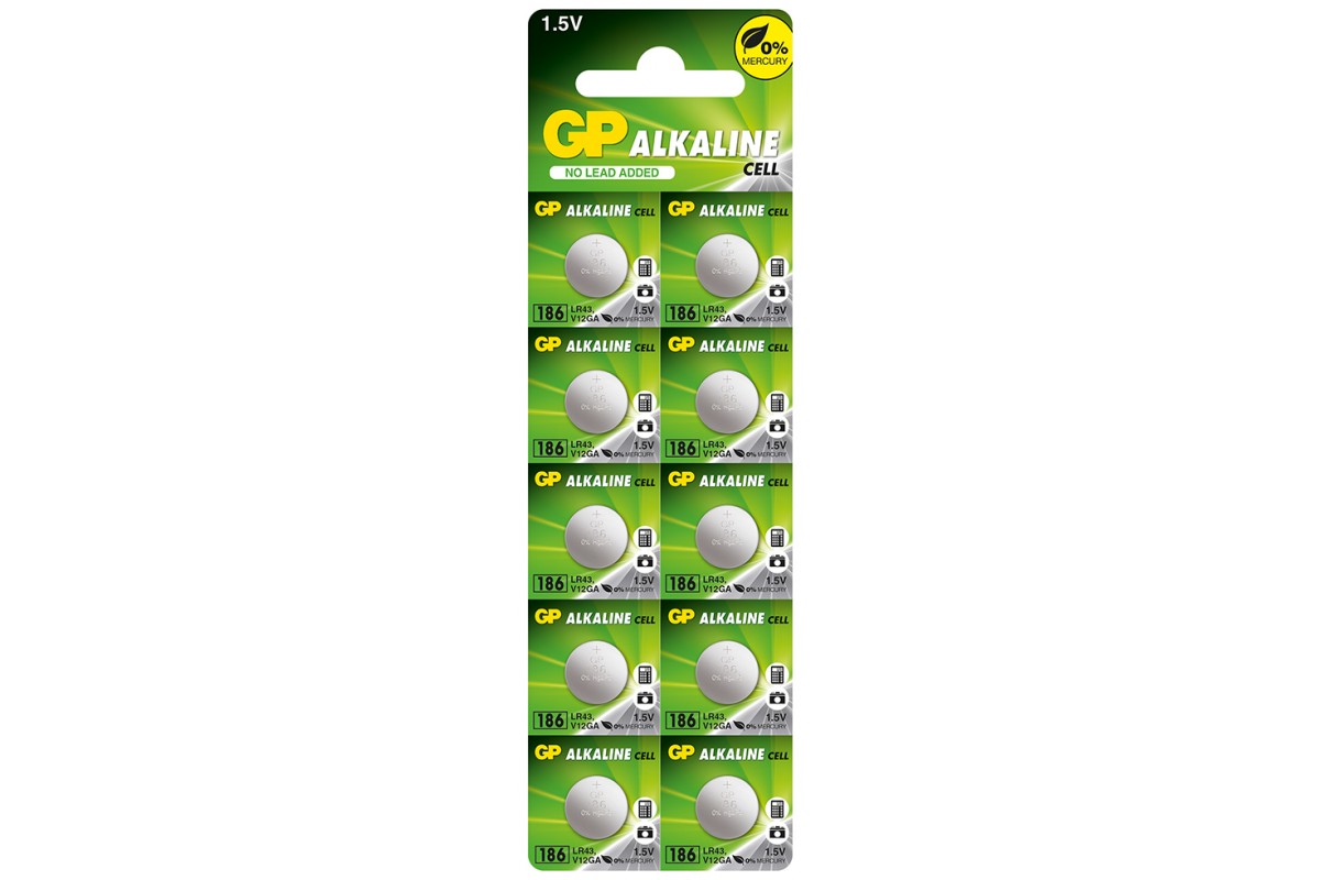 Батарейка GP Алкалайн button cell 1.5V 186-U10l Lr43/G12/10bl(10)(250)/1/ — фото товару | Канцелярський Сад