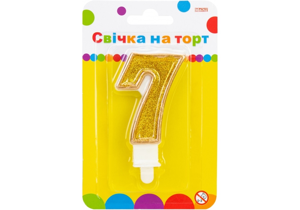 Свічка в торт "Цифра-7" золотиста 7,62см з блискітками №MX622083-7(24)(288) — купити | Канцелярський Сад