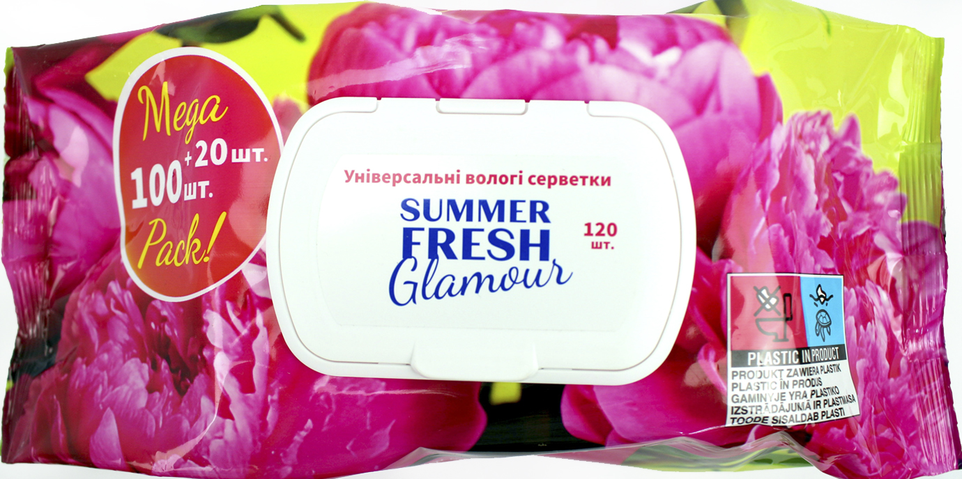 Серветки вологі "Summer Fresh" (120шт) Glamour з клапаном №1912(10) — фото товару | Канцелярський Сад