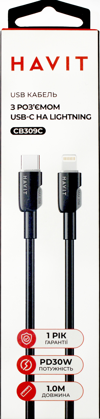 Кабель USB > Lightning+Type-C Havit HV-CB309C PD30W 3A 1м,black — фото 3