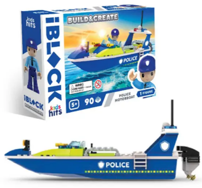 Конструктор "IBlock Junior" Police Motorboat,90дет.,в кор-ці,24х16х6см №KH41/002/2(18) КІ — фото товару | Канцелярський Сад