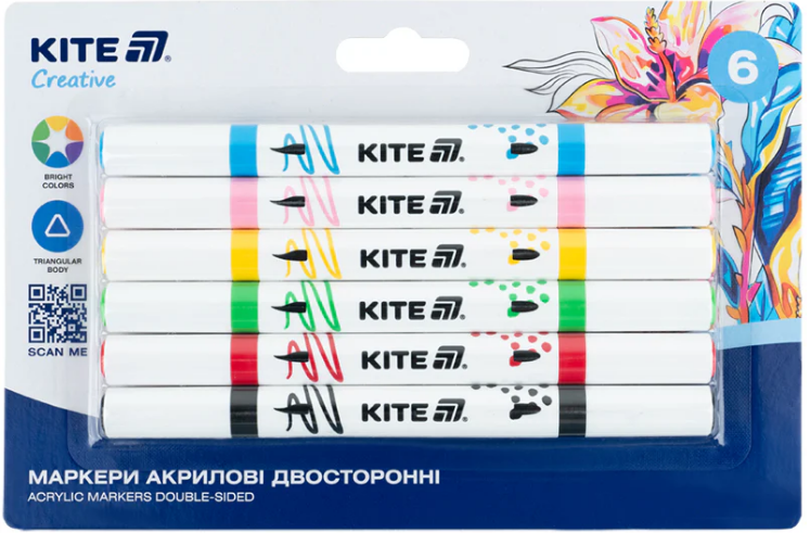 Набір маркерів акрил. двостор. "Kite" Creative №K-1293 6шт(14) — купити | Канцелярський Сад