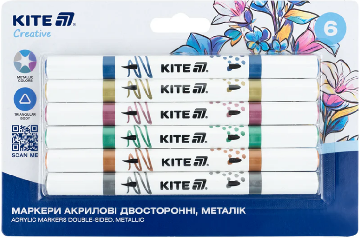 Набір маркерів акрил. двостор. "Kite" Creative №K-1294 6шт мталік(14) — купити | Канцелярський Сад