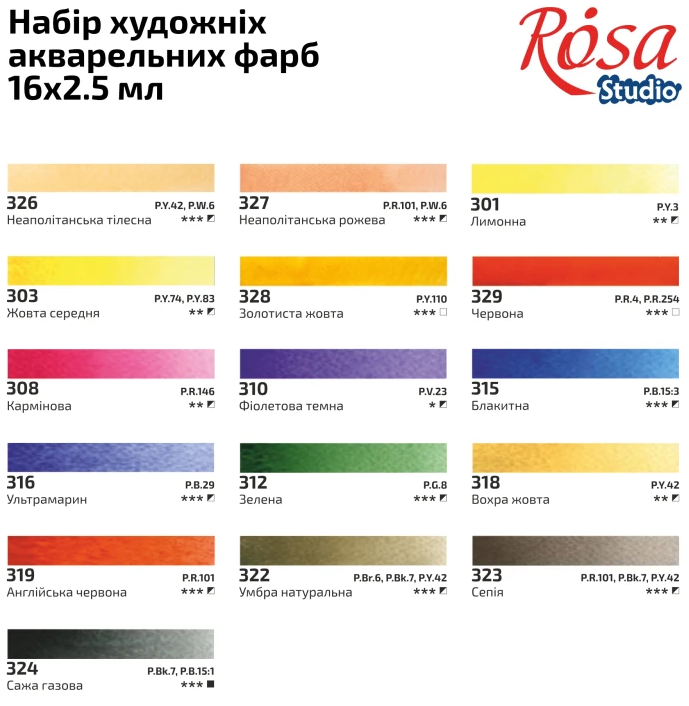 Набір акварельних фарб 16х2,5мл "Portrait" Rosa Studio кювета,картон №3405003 — фото 4
